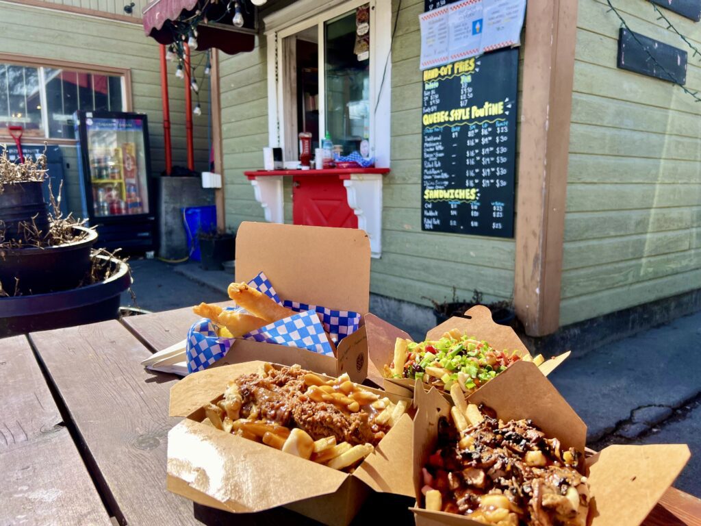 pulled pork poutine and fish and chips at Chez Serge in Kaslo