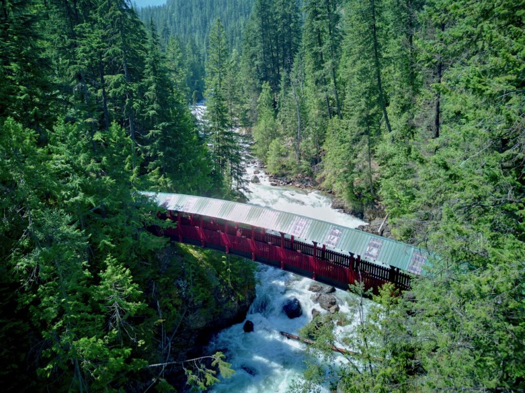 One of several cute red bridges on the Kaslo River Trail, spanning Kaslo River