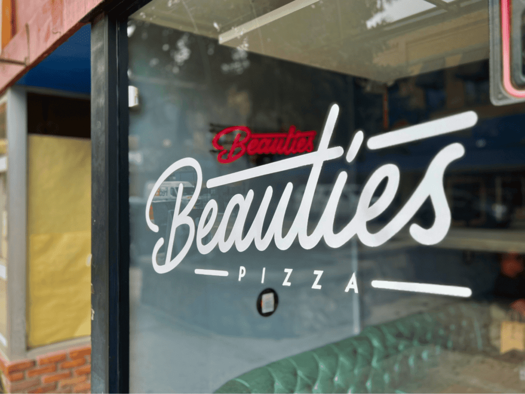 Beauties Pizza window in Nelson BC