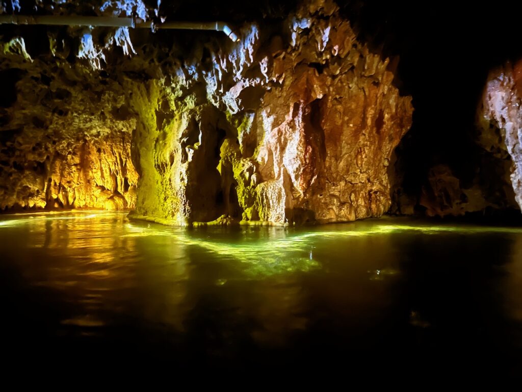 illuminated cave at Ainsworth hot springs