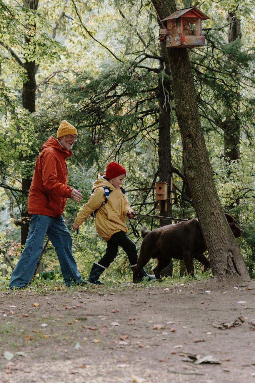 a man and a young boy walking with their pet dog