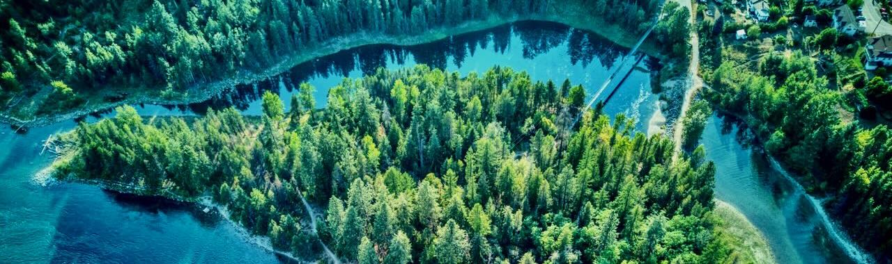An aerial shot of Zuckerberg Island, Castlegar