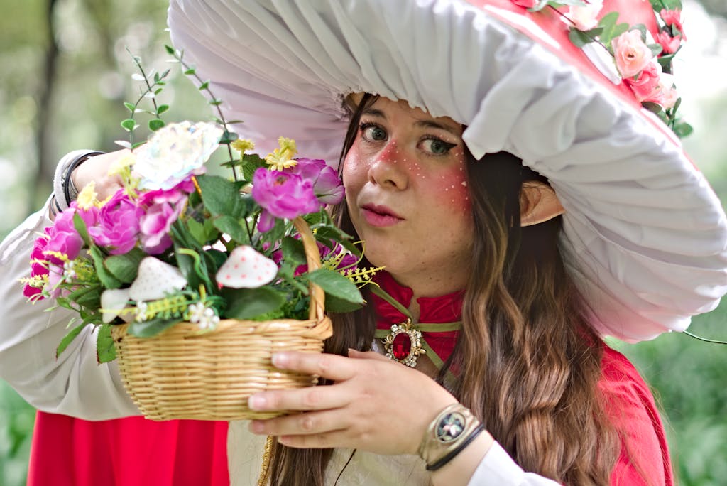 A whimsical cosplay portrait featuring a woman in an elf costume holding a basket of flowers.