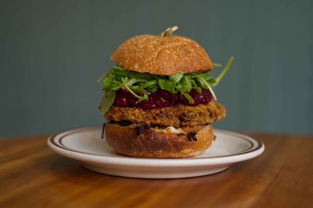 vegan burger at Dominion cafe with cranberry sauce