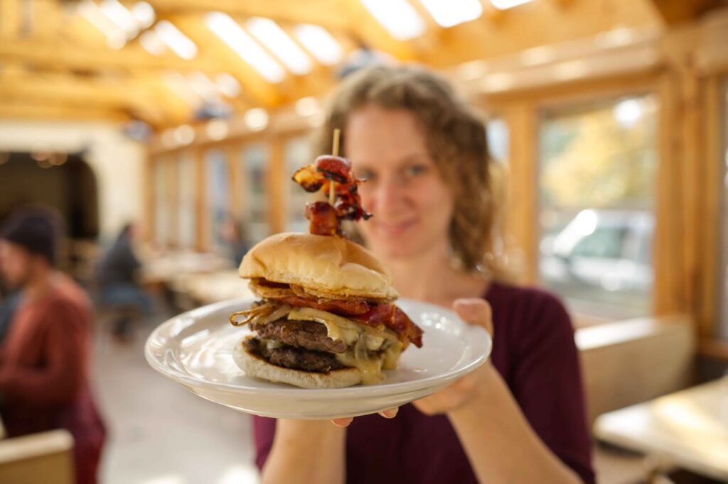 Sleep is for Sissies burger with brie and pear butter, and bacon