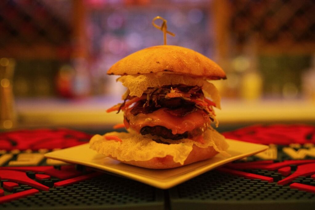 burger with crispy rice paper at Yum Son Nelson